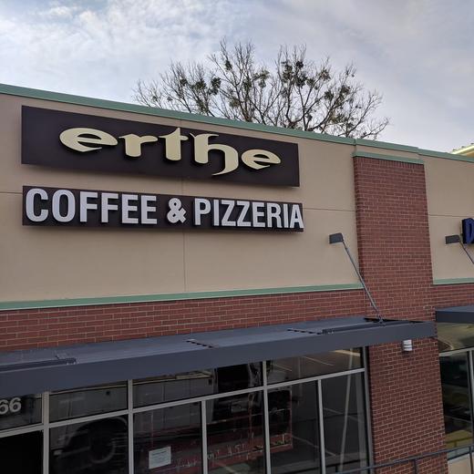Dimensional storefront letters for a coffee and pizza business