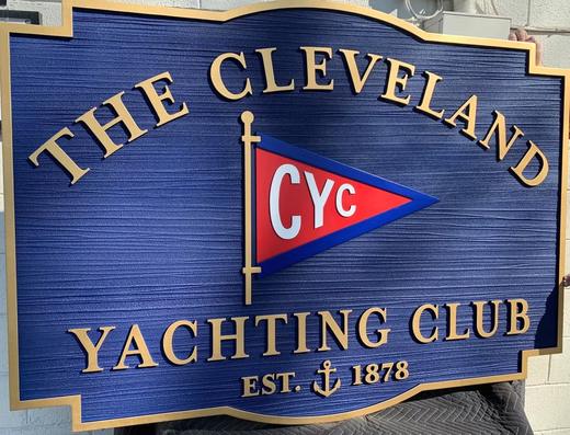Carved yacht club sign with dimensional letters and gold accents
